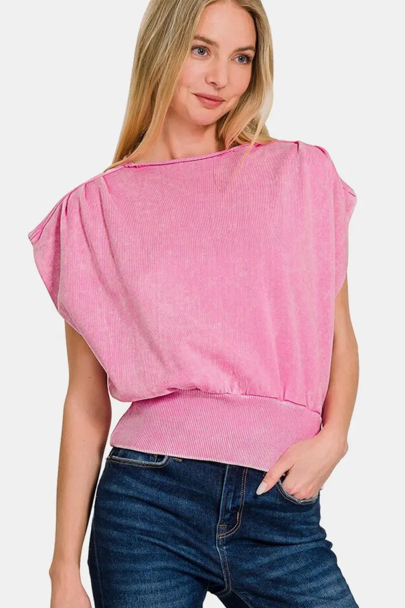 Zenana Washed Boat Neck Bottom Banded Dolman Sleeve Top - Love Salve
